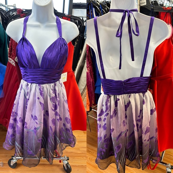 Short silky purple dress with floral print size 10 - Picture 1 of 4